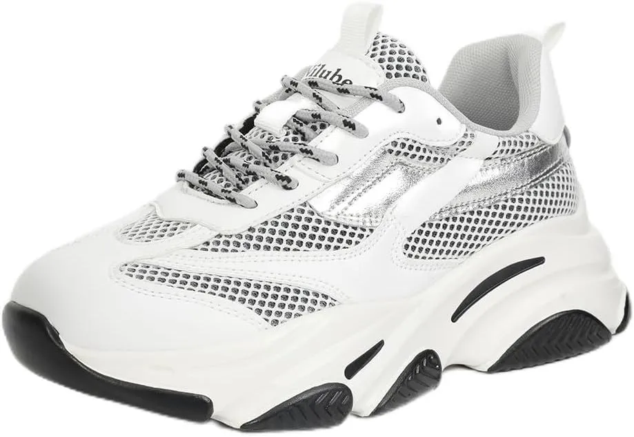 Niluber Women's Chunky Platform Sneakers-Slip On Breathable Running Shoes-Lightweight Glitter Rhinestone White Black Walking Shoes