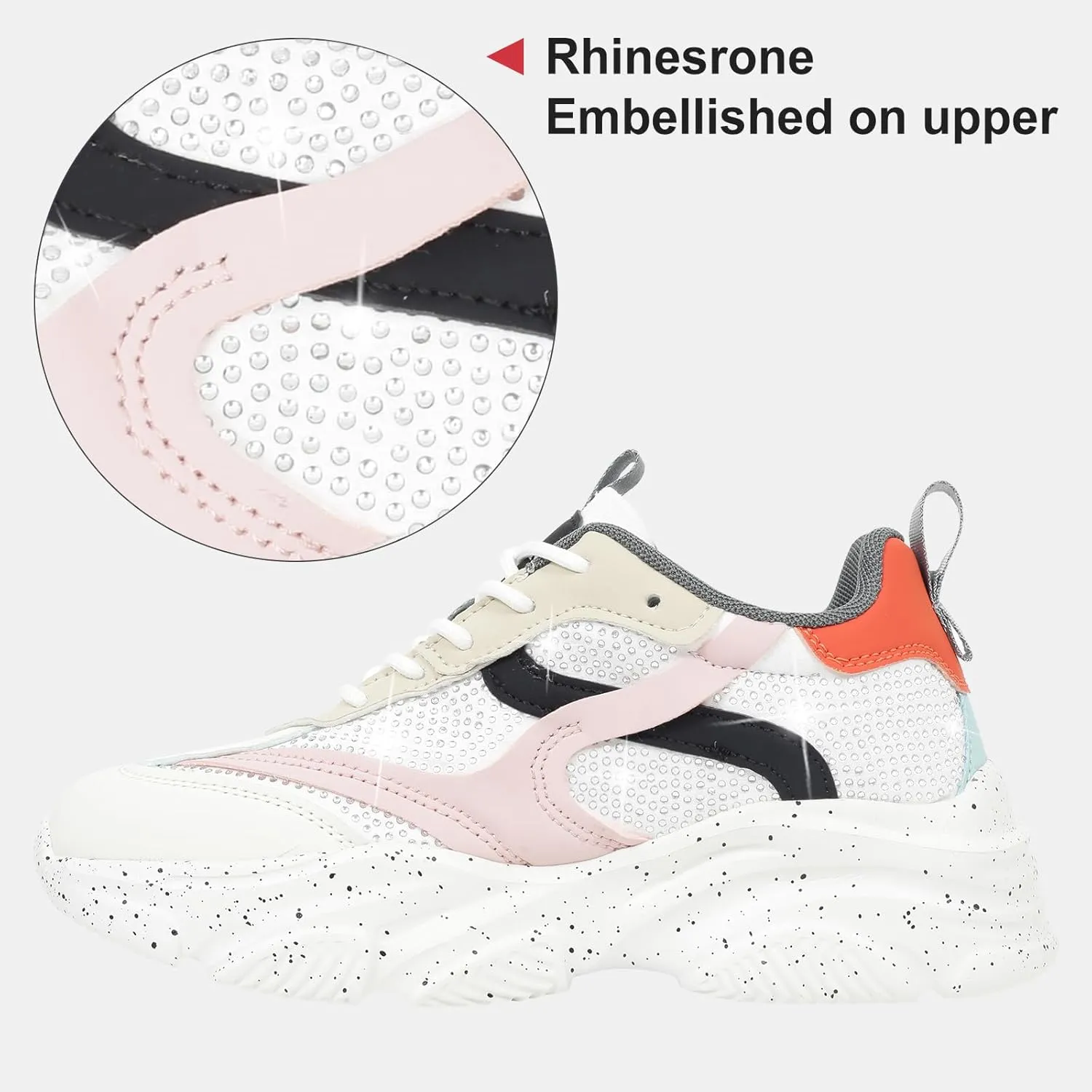 Niluber Women's Chunky Platform Sneakers-Slip On Breathable Running Shoes-Lightweight Glitter Rhinestone White Black Walking Shoes