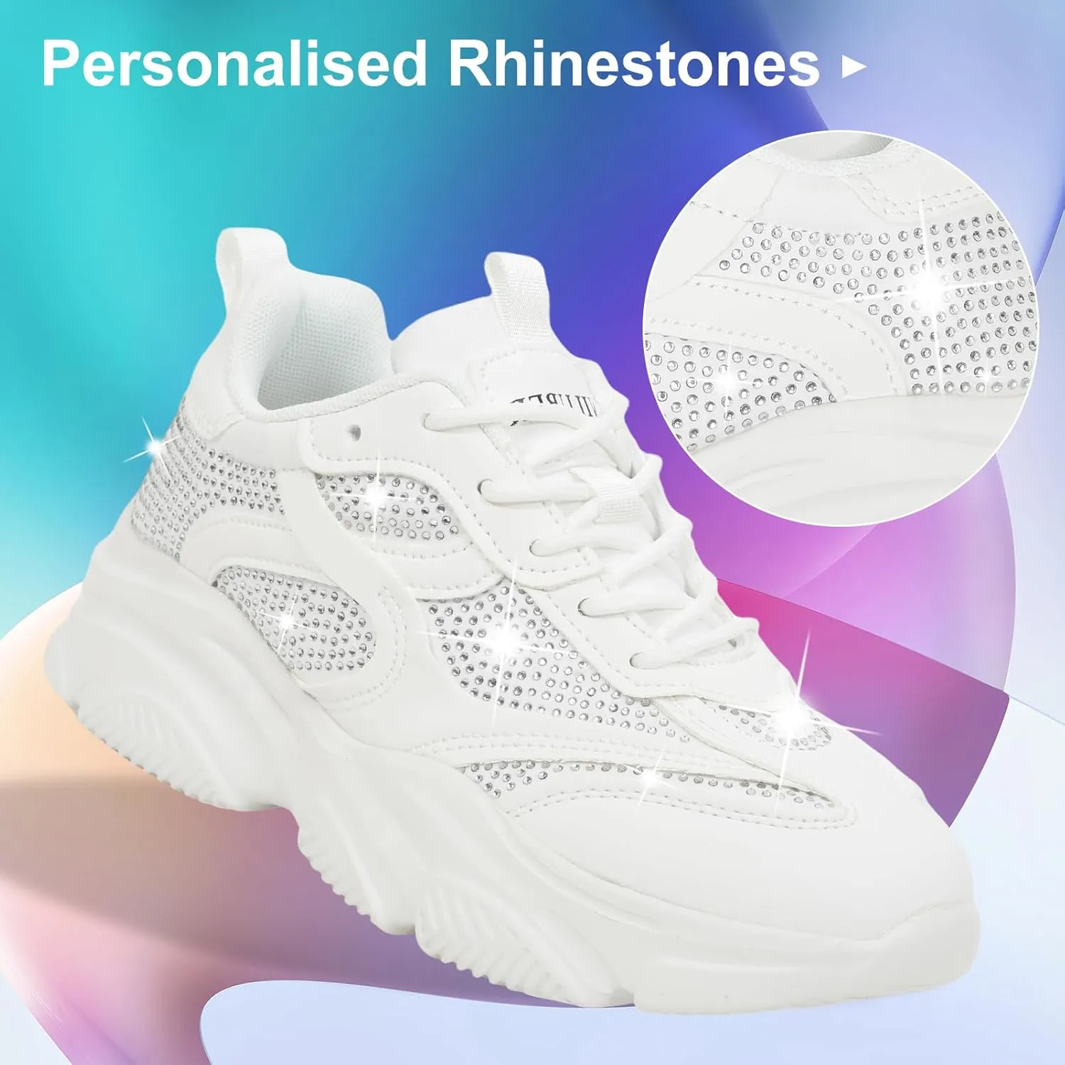 Niluber Women's Chunky Platform Sneakers-Slip On Breathable Running Shoes-Lightweight Glitter Rhinestone White Black Walking Shoes