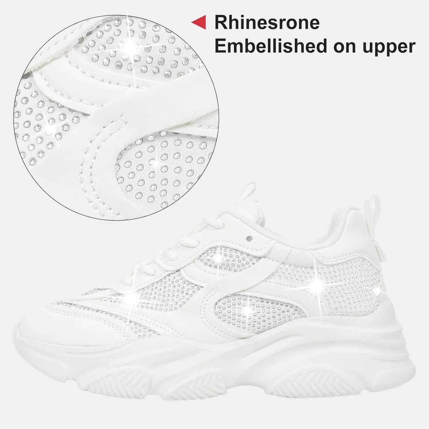 Niluber Women's Chunky Platform Sneakers-Slip On Breathable Running Shoes-Lightweight Glitter Rhinestone White Black Walking Shoes