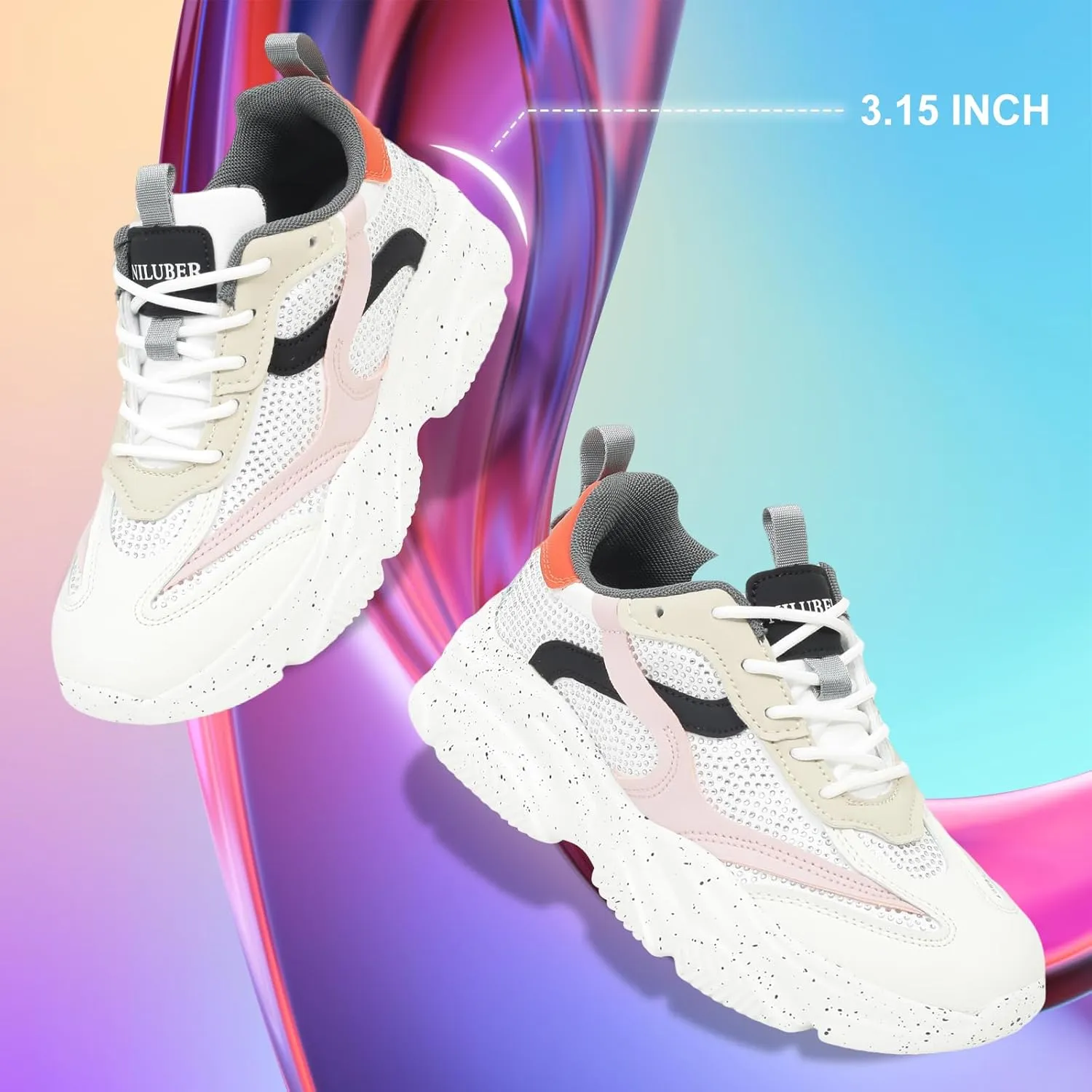 Niluber Women's Chunky Platform Sneakers-Slip On Breathable Running Shoes-Lightweight Glitter Rhinestone White Black Walking Shoes