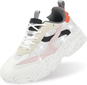 Niluber Women's Chunky Platform Sneakers-Slip On Breathable Running Shoes-Lightweight Glitter Rhinestone White Black Walking Shoes