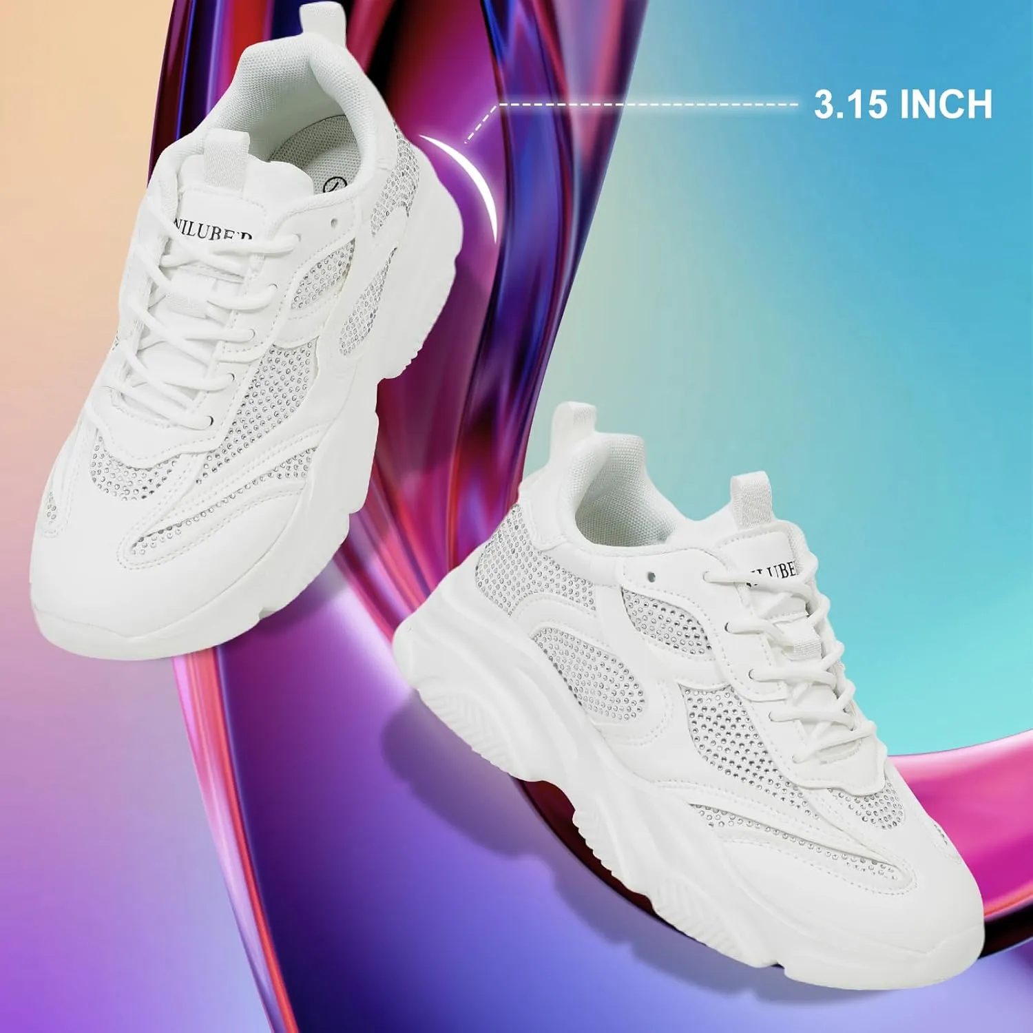 Niluber Women's Chunky Platform Sneakers-Slip On Breathable Running Shoes-Lightweight Glitter Rhinestone White Black Walking Shoes