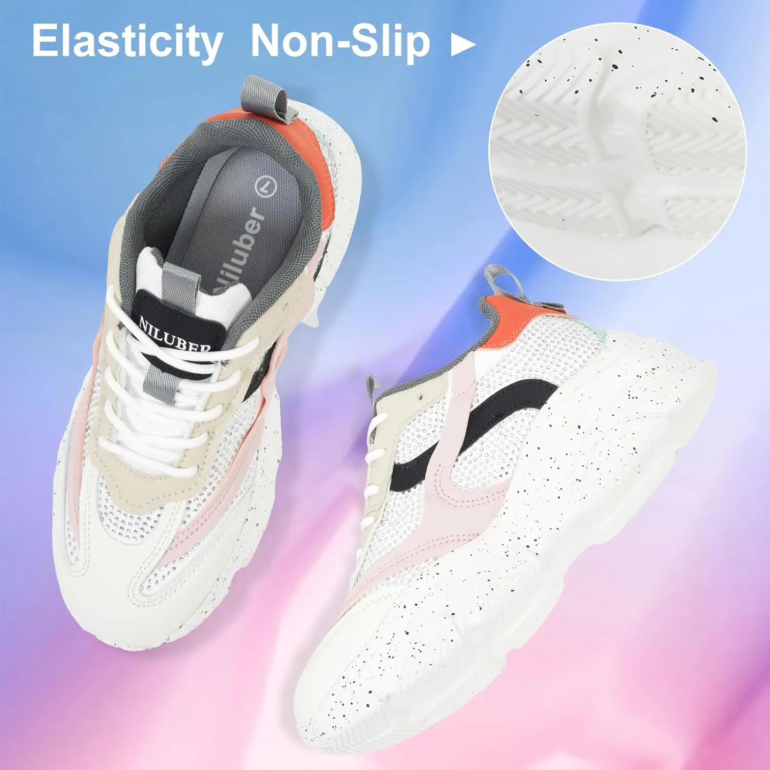 Niluber Women's Chunky Platform Sneakers-Slip On Breathable Running Shoes-Lightweight Glitter Rhinestone White Black Walking Shoes