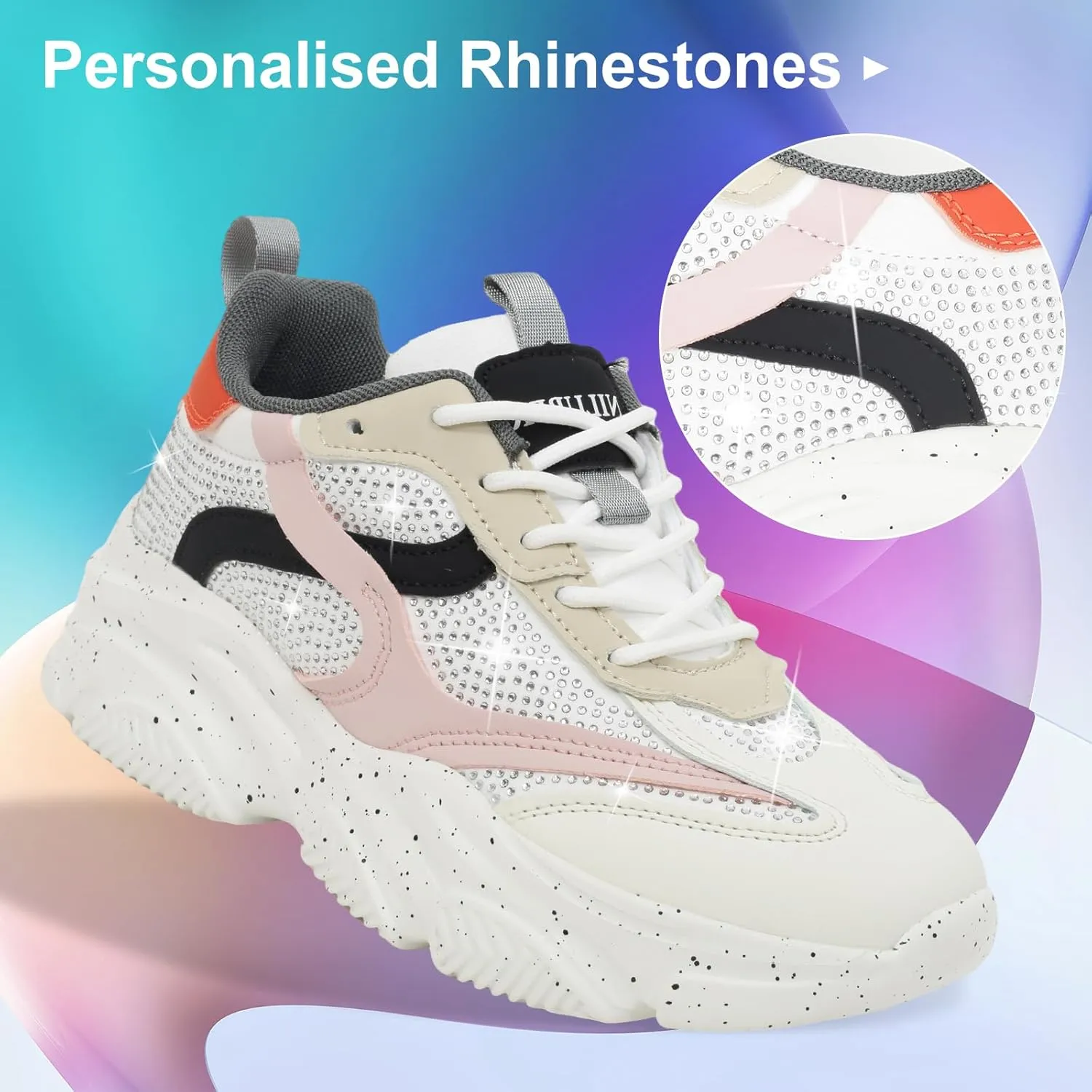 Niluber Women's Chunky Platform Sneakers-Slip On Breathable Running Shoes-Lightweight Glitter Rhinestone White Black Walking Shoes