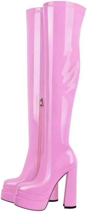 onlymaker Women's Chunky High Heeled Double Platform Zip up Over the Knee Boots