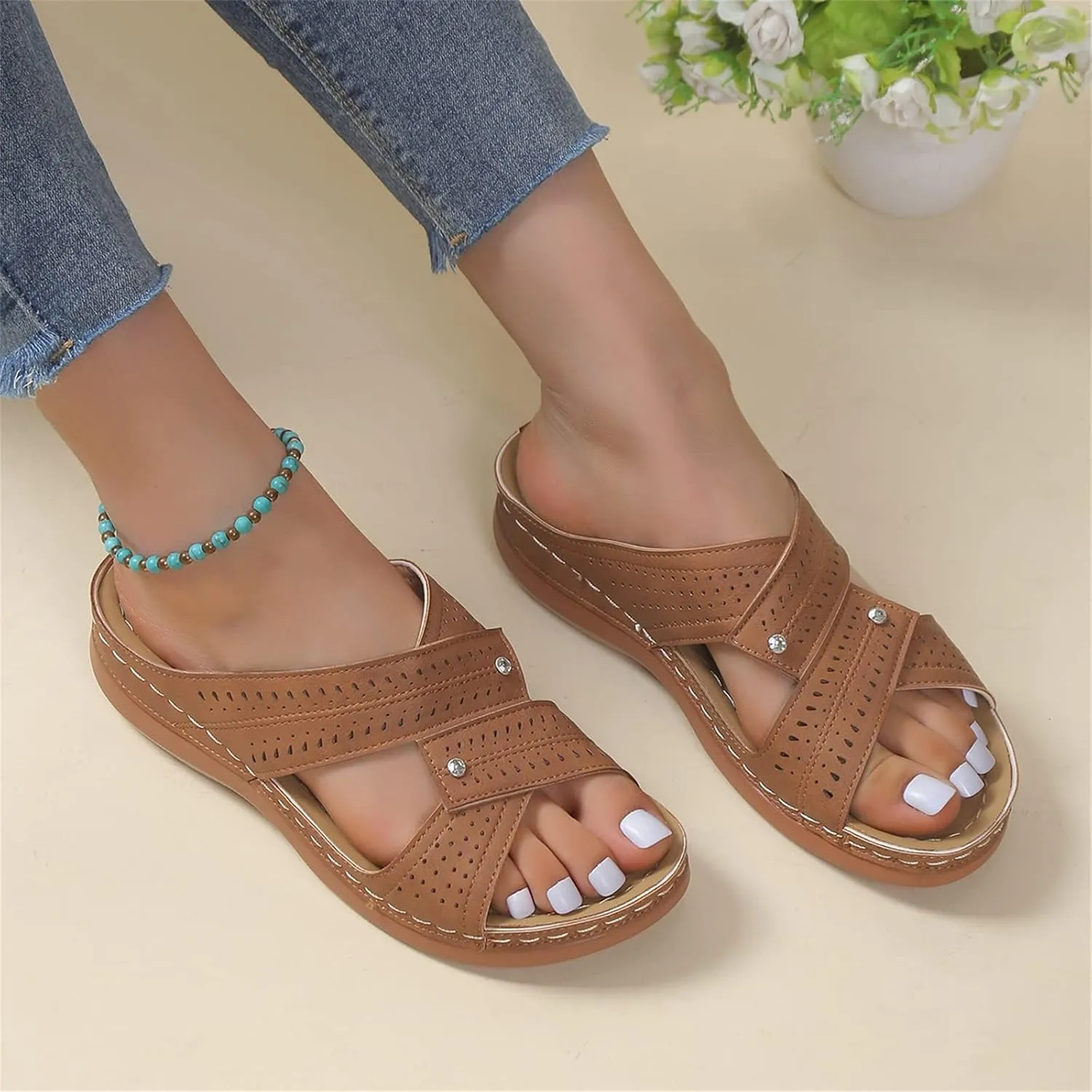 Orthopedic Wedge Sandals for Women 2025 Comfortable Open Toe Slip-On Casual Walking Platform Sandals Hollow Breathable Beach Low Wedge Slippers Indoor Outdoor