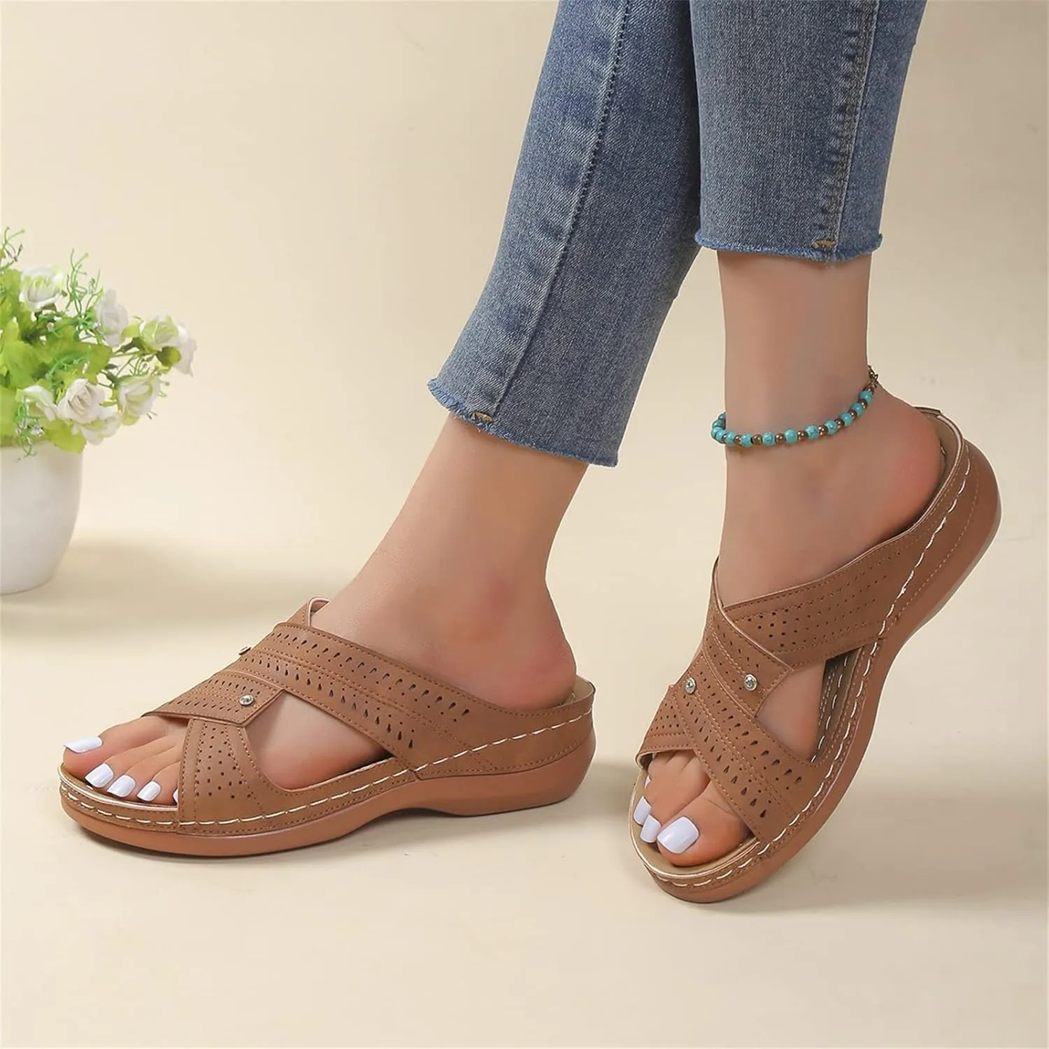Orthopedic Wedge Sandals for Women 2025 Comfortable Open Toe Slip-On Casual Walking Platform Sandals Hollow Breathable Beach Low Wedge Slippers Indoor Outdoor
