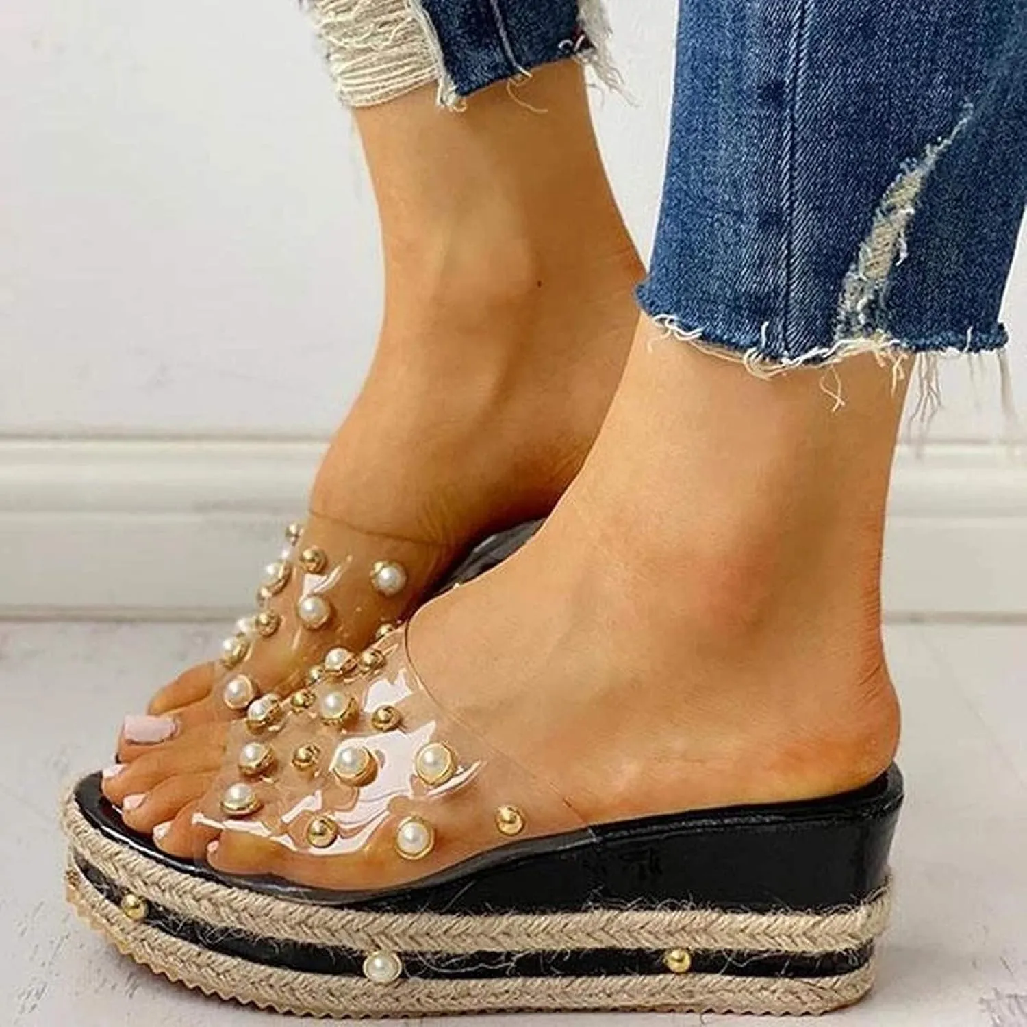 Platform Sandals Women 2025 Trendy Wedge Sandals Clear Strap Platform Wedge Slippers Pearl Slide Heels Shoes
