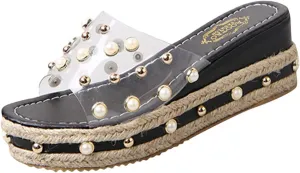 Platform Sandals Women 2025 Trendy Wedge Sandals Clear Strap Platform Wedge Slippers Pearl Slide Heels Shoes