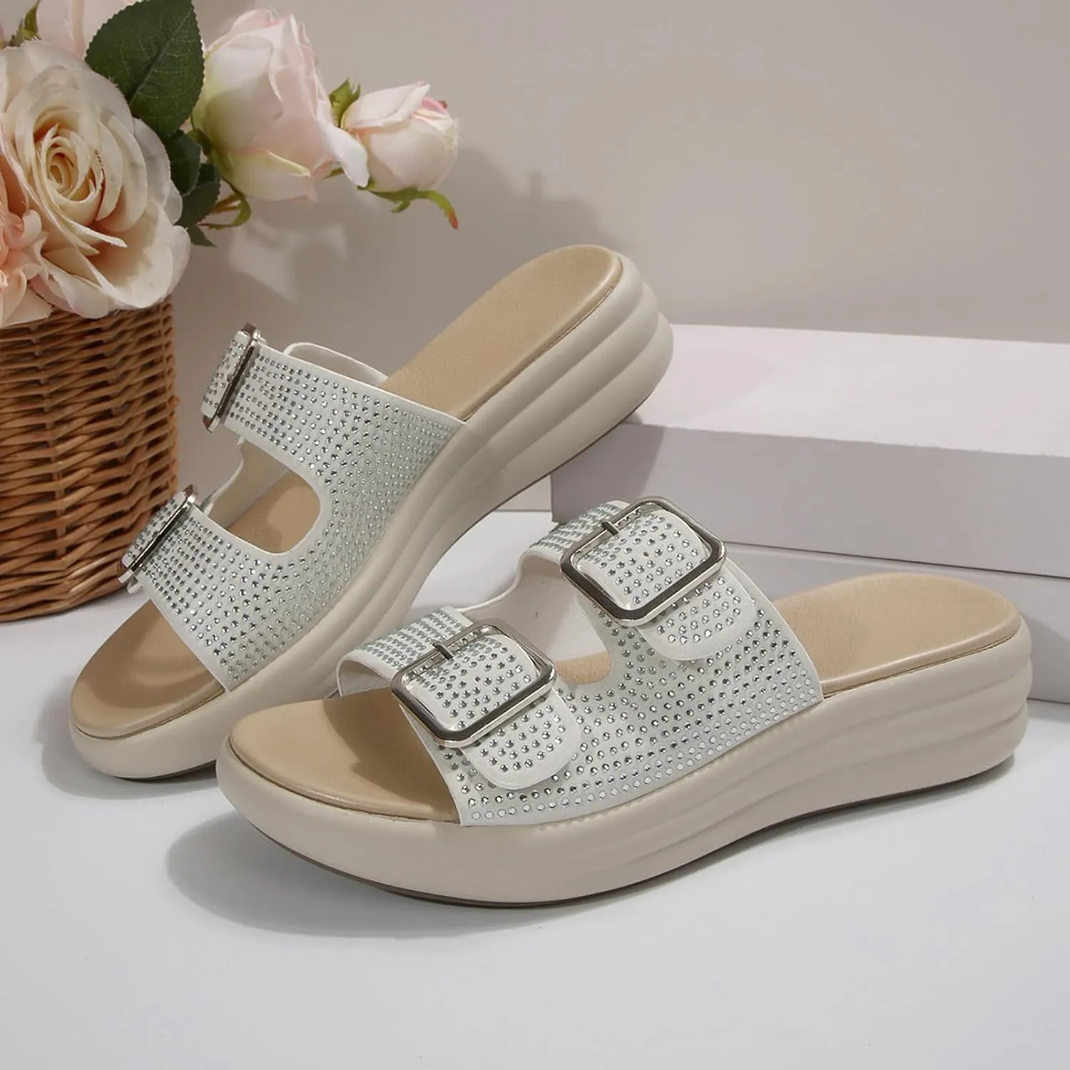 Sandals for Women 2025 Wide Width Double Straps Slippers Soft Cushion Comfortable Walking Slip on Women Summer Shoes