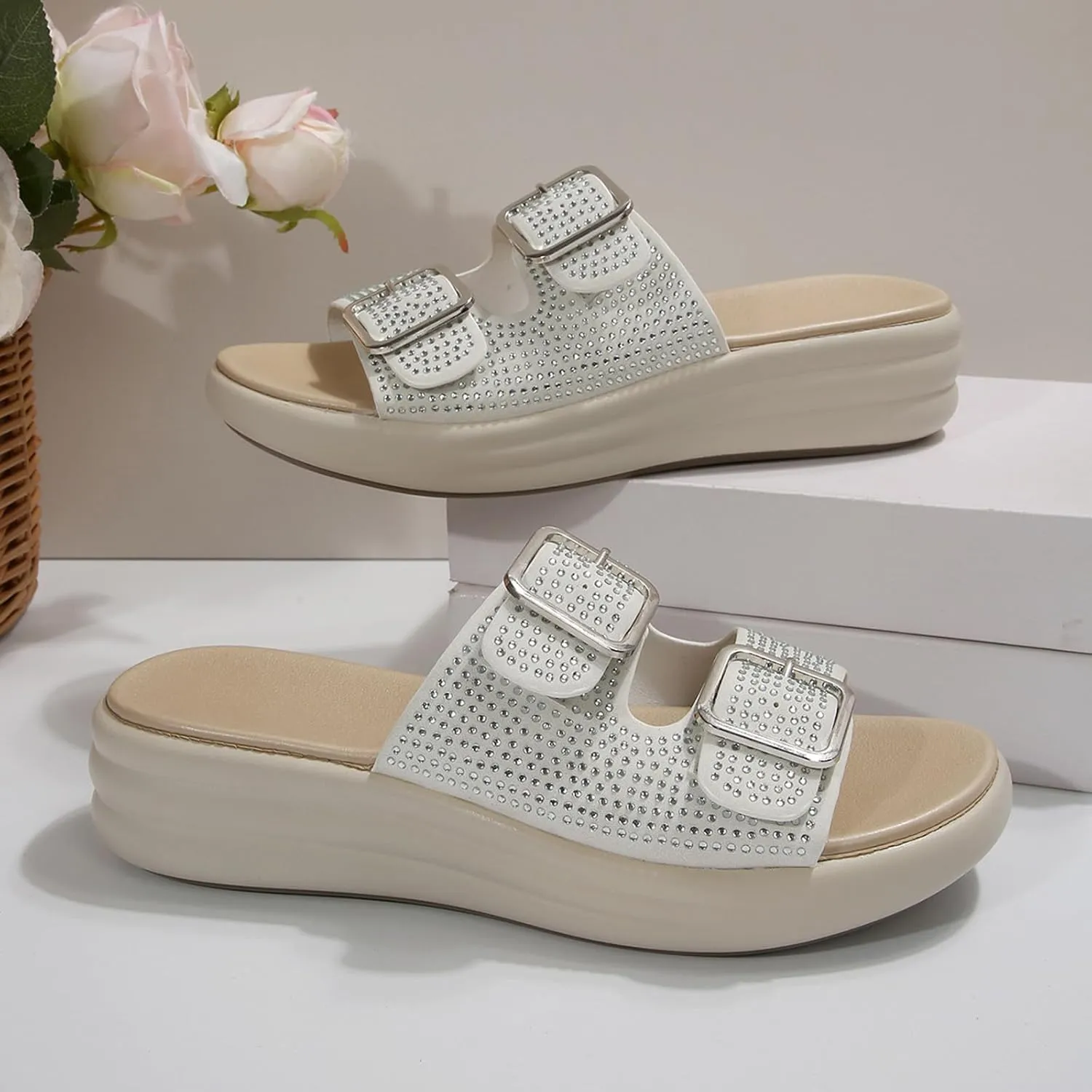 Sandals for Women 2025 Wide Width Double Straps Slippers Soft Cushion Comfortable Walking Slip on Women Summer Shoes
