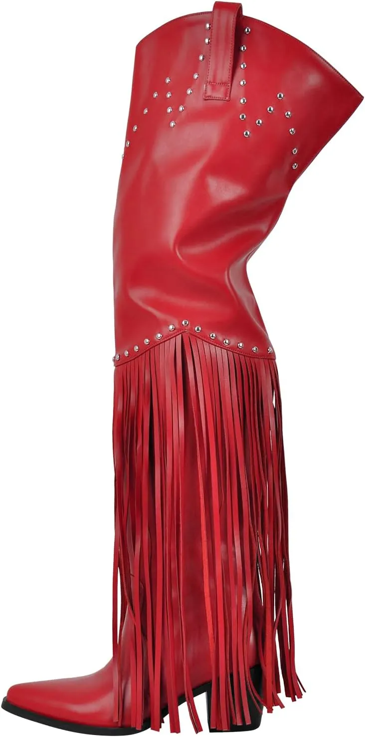 sexytag Fringe Thigh High Wide Calf Boots Western Over the Knee Boots
