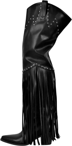 sexytag Fringe Thigh High Wide Calf Boots Western Over the Knee Boots