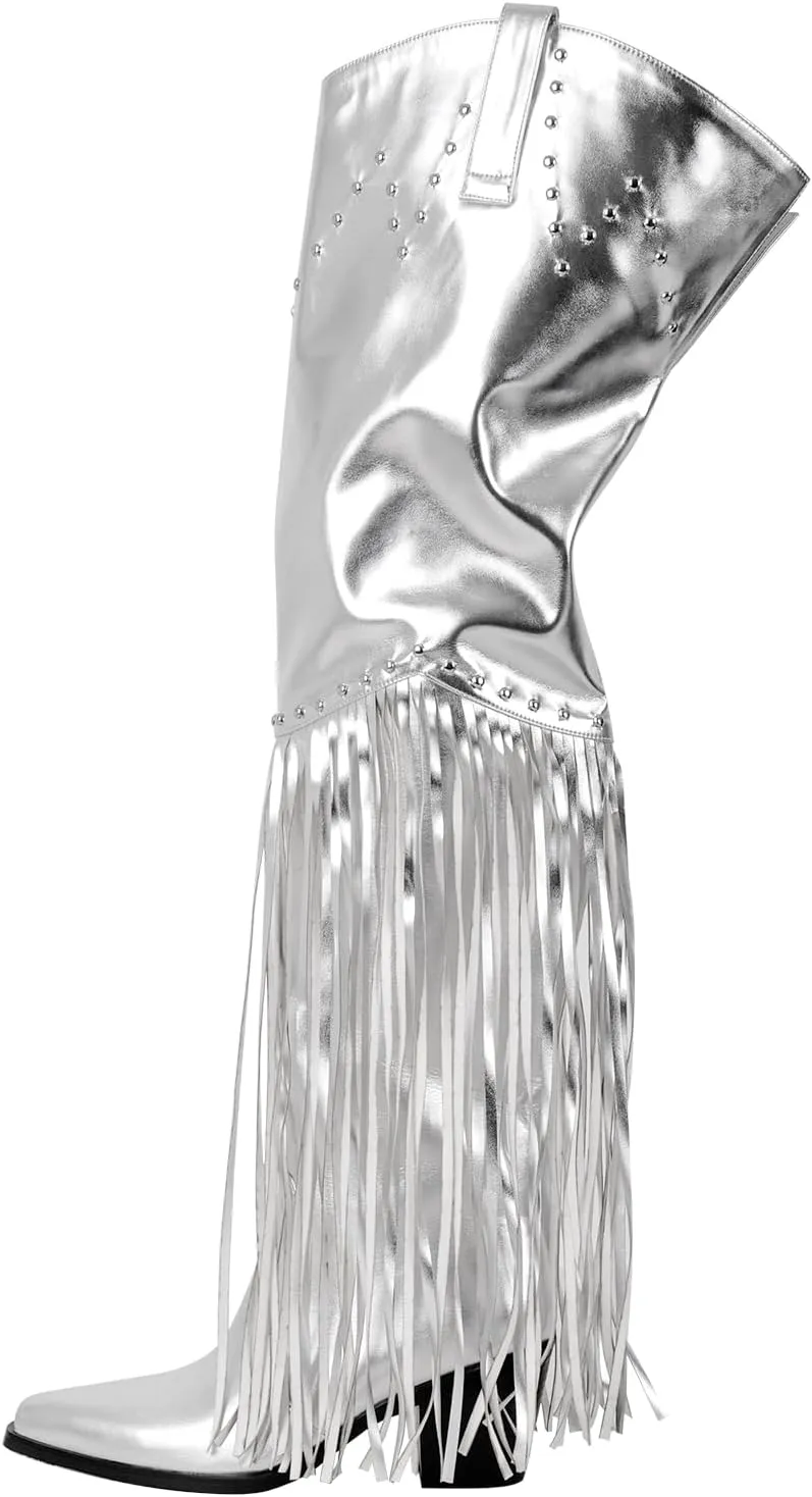 sexytag Fringe Thigh High Wide Calf Boots Western Over the Knee Boots
