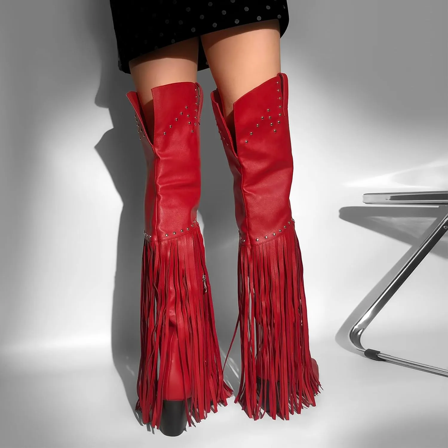 sexytag Fringe Thigh High Wide Calf Boots Western Over the Knee Boots