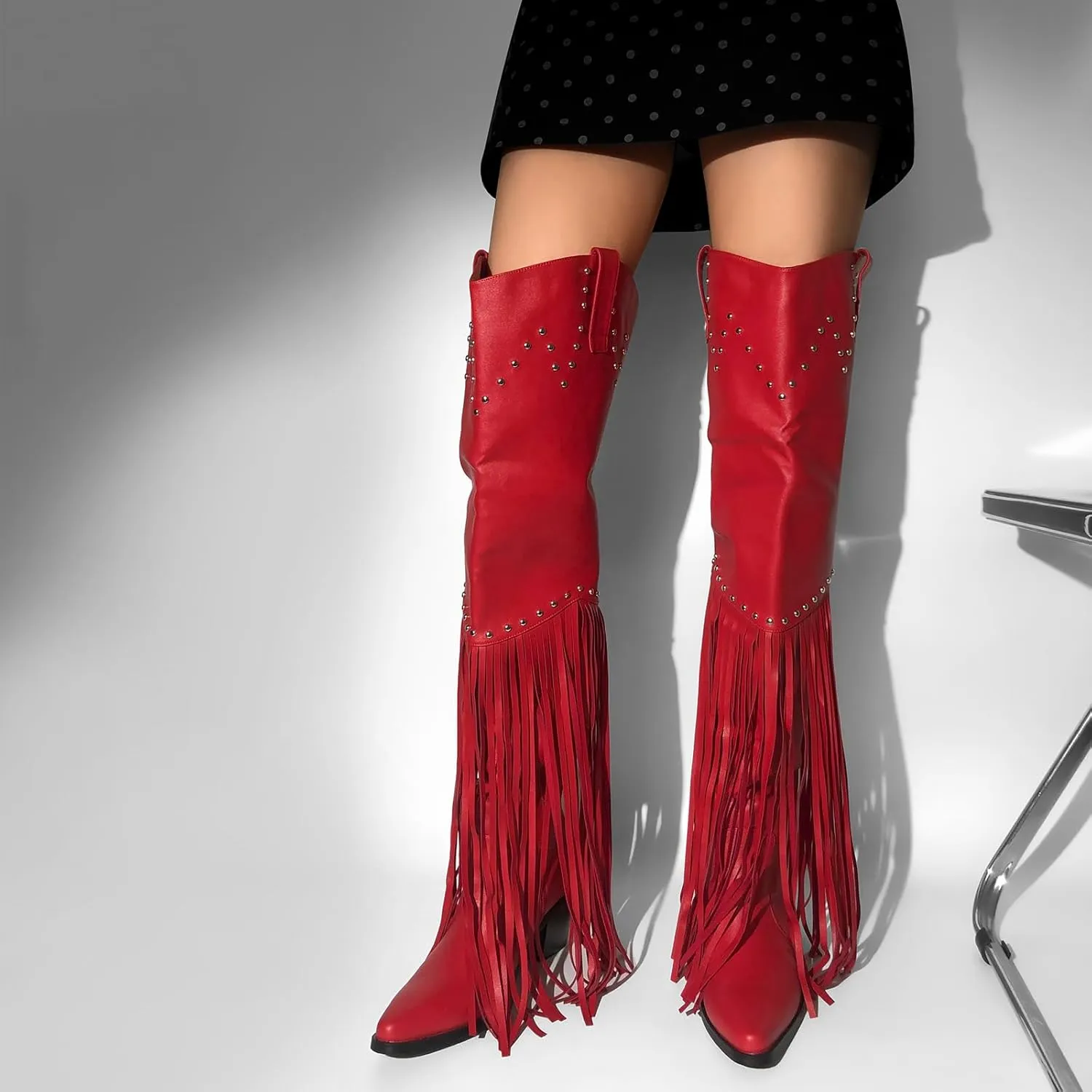 sexytag Fringe Thigh High Wide Calf Boots Western Over the Knee Boots