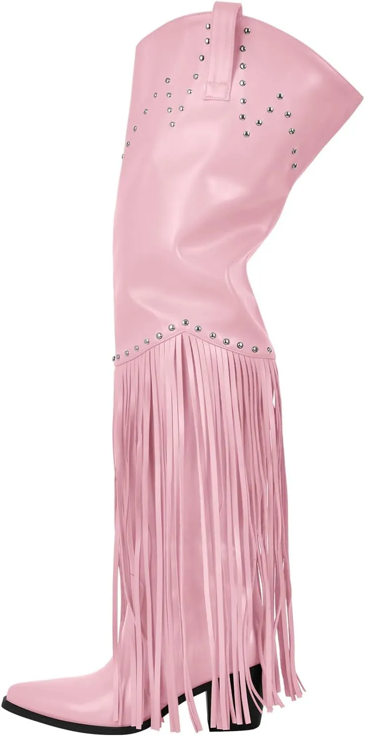 sexytag Fringe Thigh High Wide Calf Boots Western Over the Knee Boots