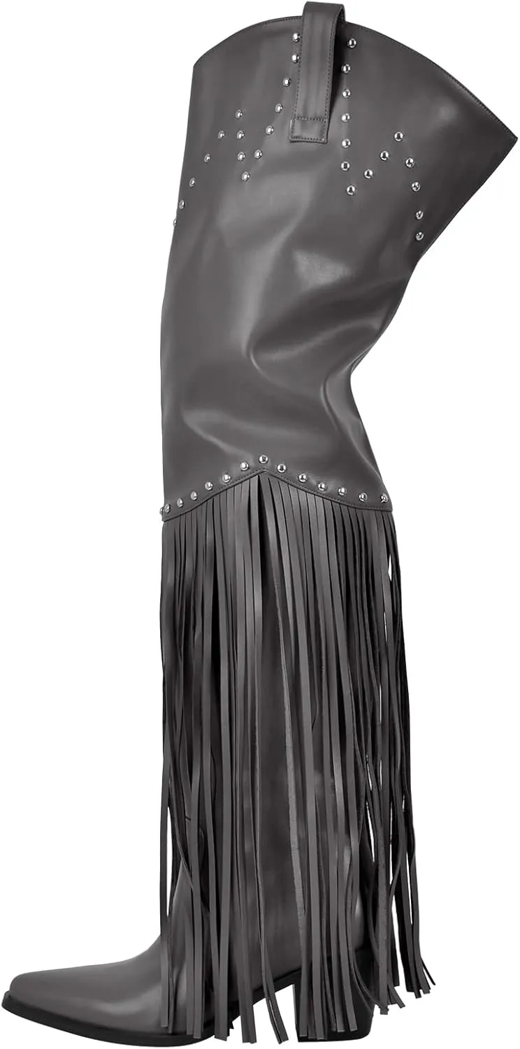 sexytag Fringe Thigh High Wide Calf Boots Western Over the Knee Boots