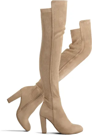Shoe'N Tale Women Faux Suede Chunky Heel Stretch Over The Knee Thigh High Boots
