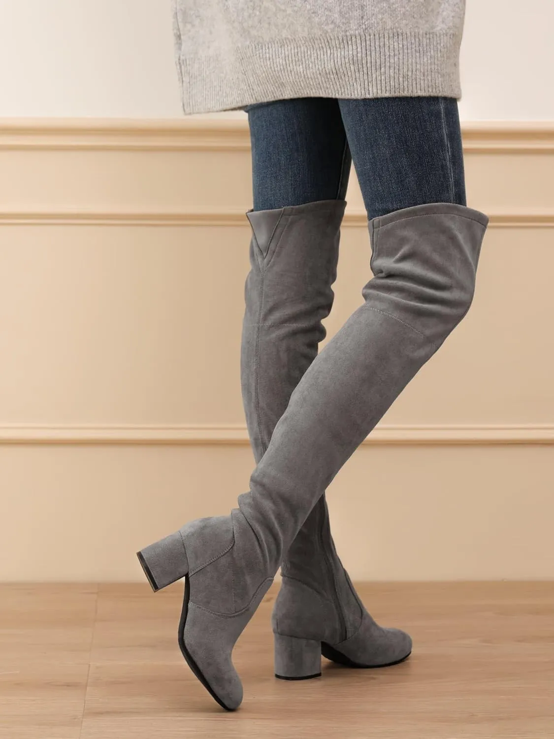Shoe'N Tale Women Stretch Suede Chunky Block Heel Thigh High Over The Knee Boots