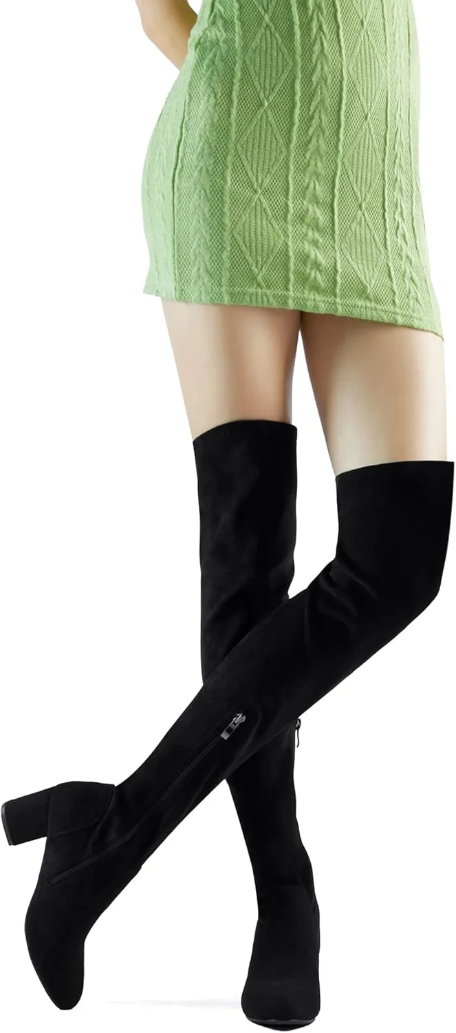 Shoe'N Tale Women Stretch Suede Chunky Block Heel Thigh High Over The Knee Boots