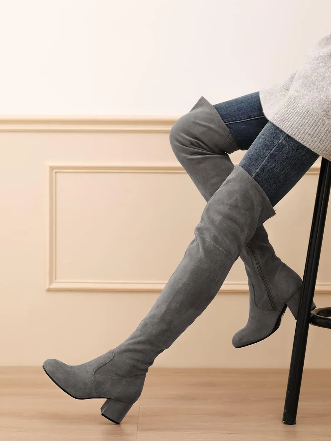 Shoe'N Tale Women Stretch Suede Chunky Block Heel Thigh High Over The Knee Boots