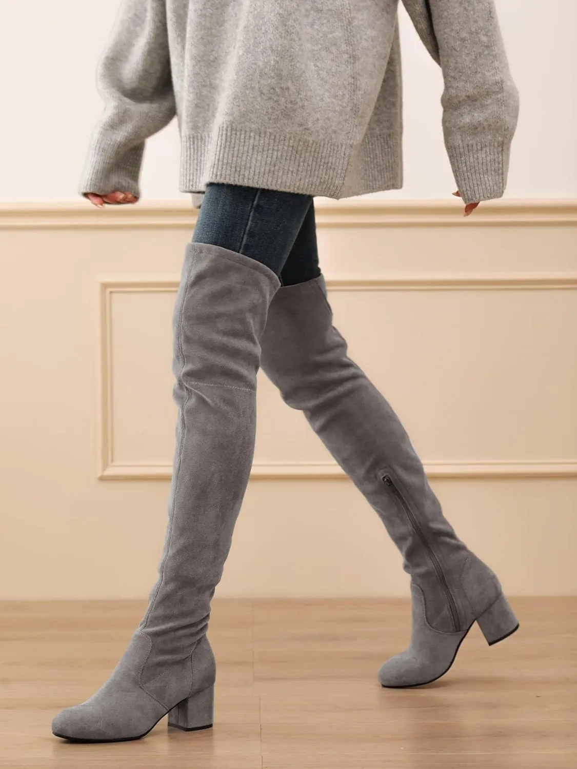 Shoe'N Tale Women Stretch Suede Chunky Block Heel Thigh High Over The Knee Boots