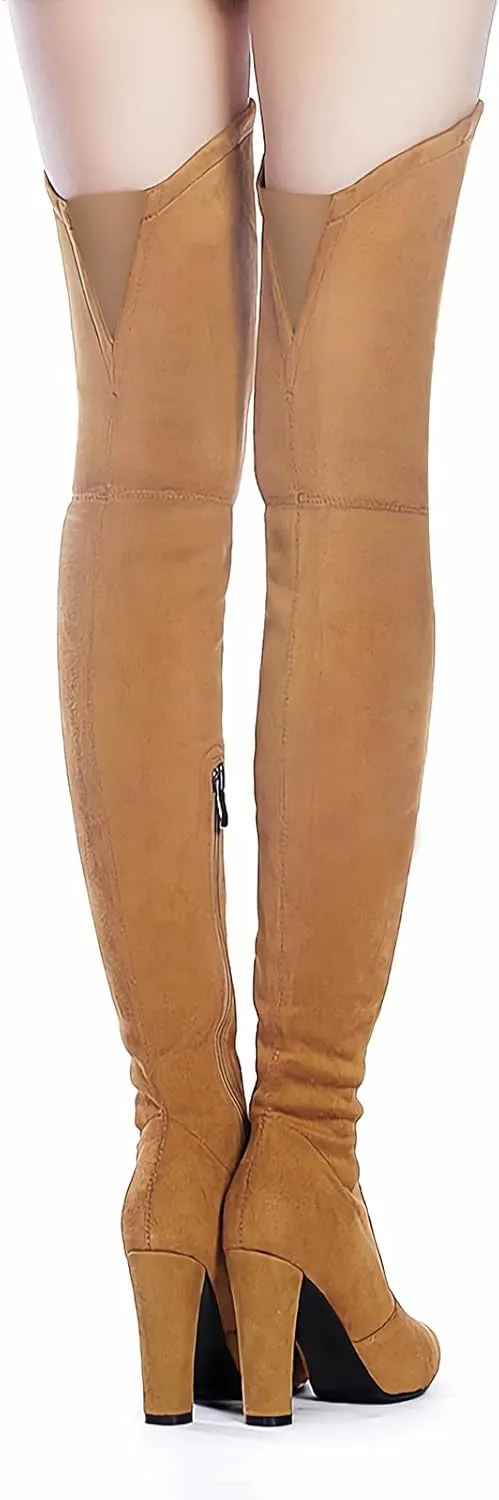 Shoe'N Tale Women Stretch Suede Chunky Heel Over The Knee Boots Thigh High for Women