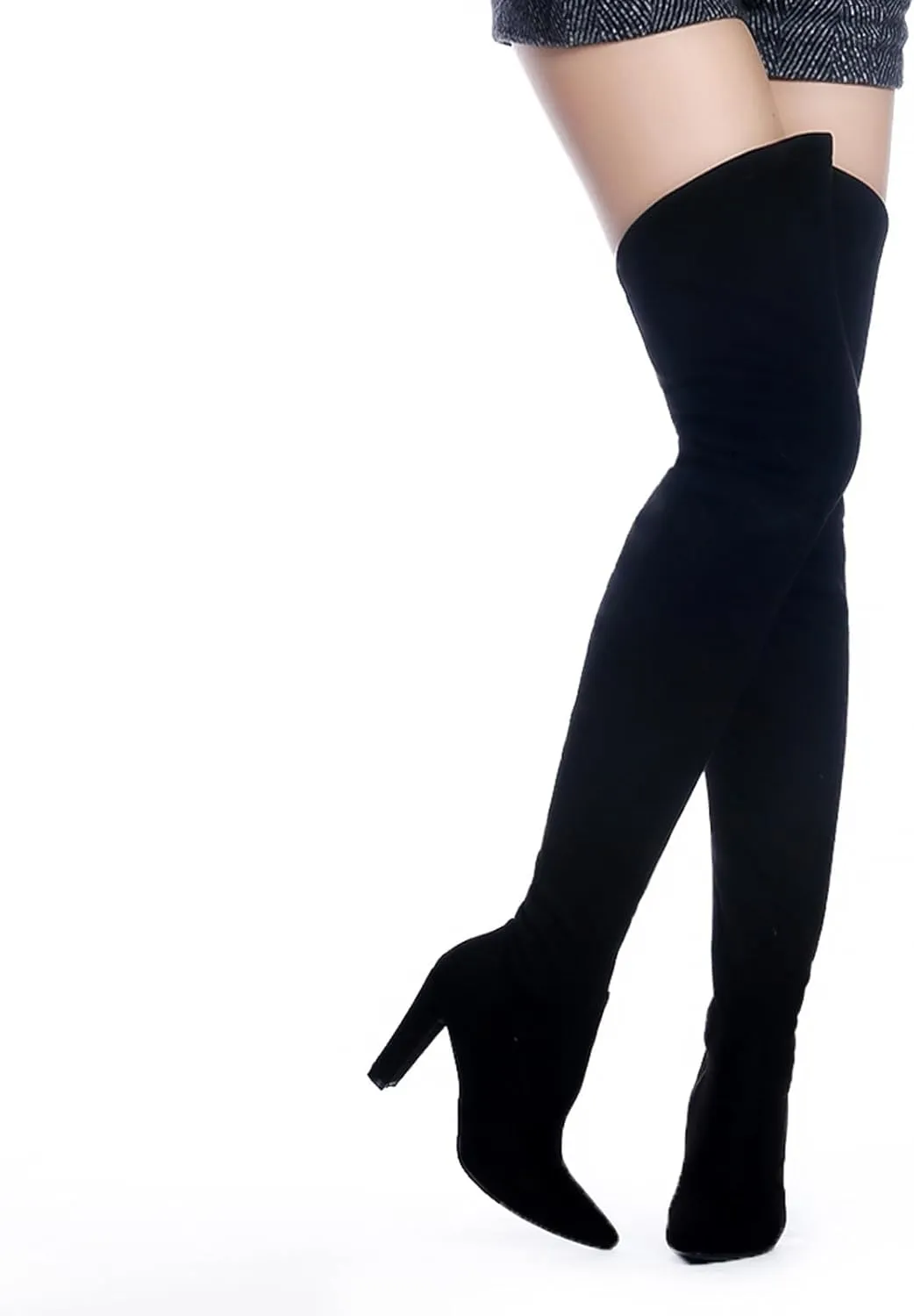Shoe'N Tale Women Stretch Suede Chunky Heel Over The Knee Boots Thigh High for Women