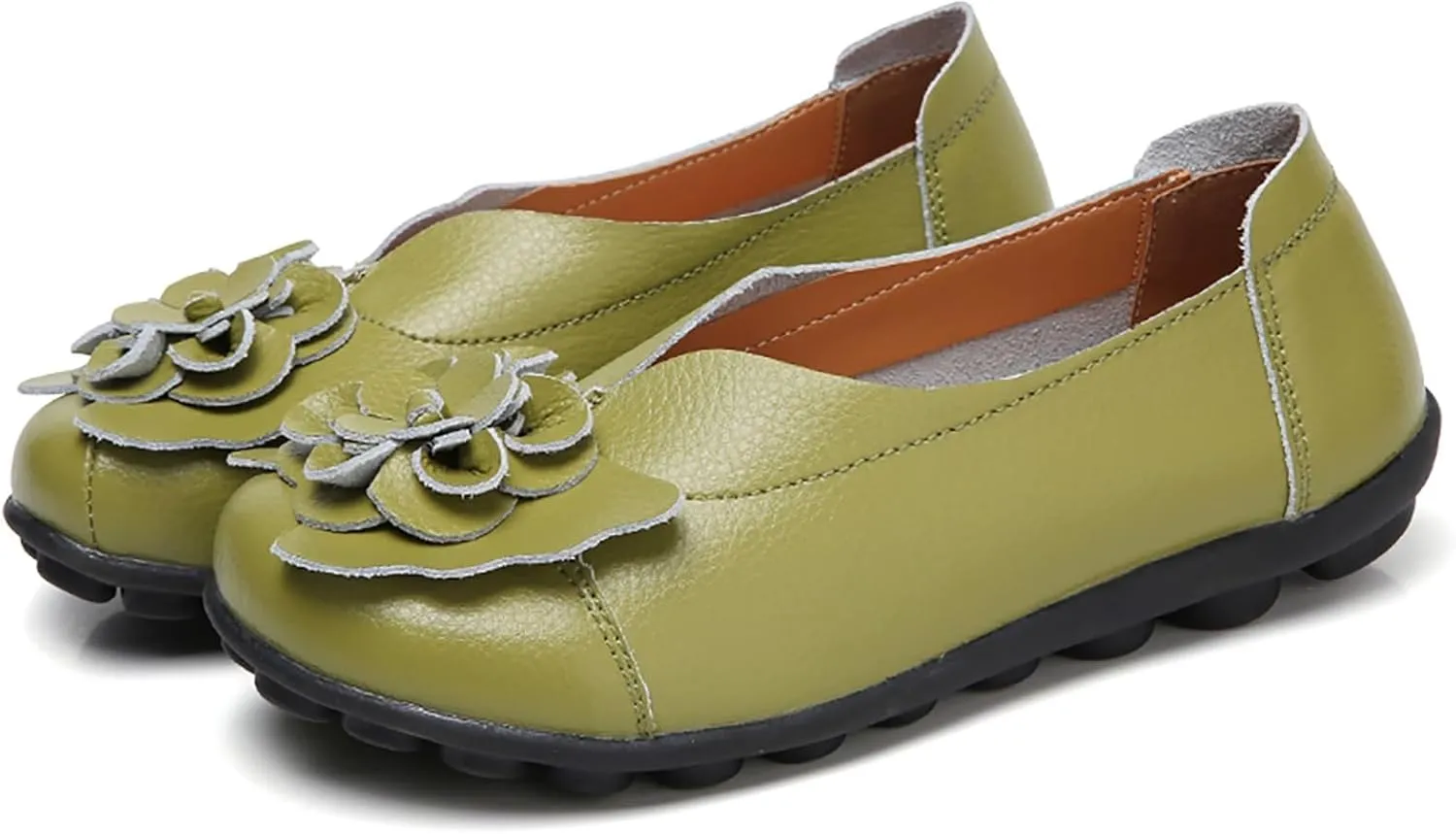 Slip on Loafers for Women Leather Flowers Loafers Comfortable Walking Work Flats Shoes Lightweight Soft Sole Flat Shoes Round Toe Summer Shoe