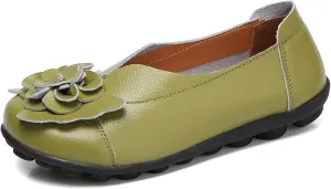 Slip on Loafers for Women Leather Flowers Loafers Comfortable Walking Work Flats Shoes Lightweight Soft Sole Flat Shoes Round Toe Summer Shoe