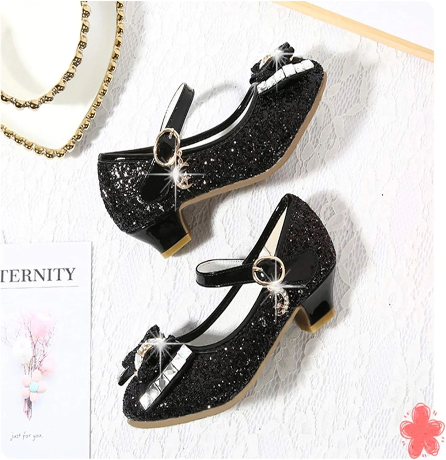 Stunner Girls Dress Shoes Wedding Party Heels Bow Sparkly Mary Jane Princess Shoes