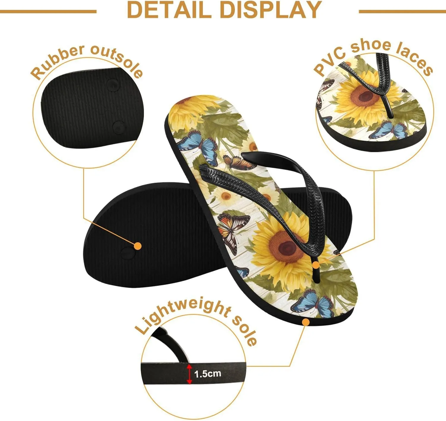 Sunflower Colorful Butterflies Womens Flip Flops Sandals Comfortable Summer Sandals