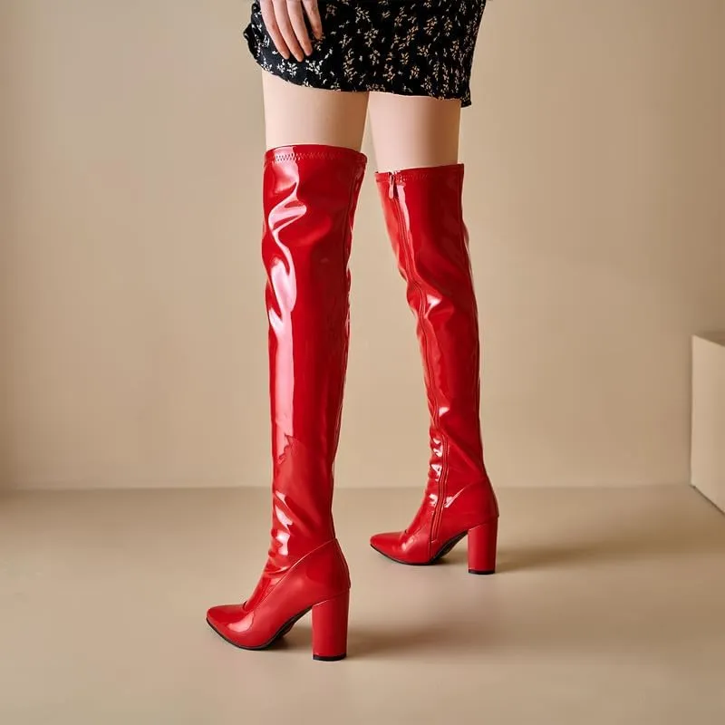 Thigh High Boots for Women Metallic Chunky Heels Over The Knee Boots Block Heeled Concert Disco Long Tall Boots