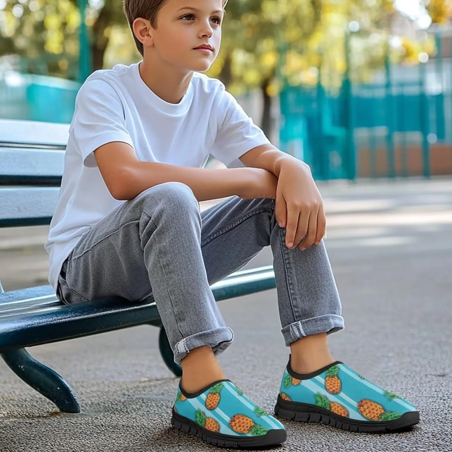 Tropical Pineapple Kids Running Shoes Low-Cut Polyester Fabric Sneakers for Boys and Girls Casual Tennis Shoes Breathable Laceless Wide Shoes