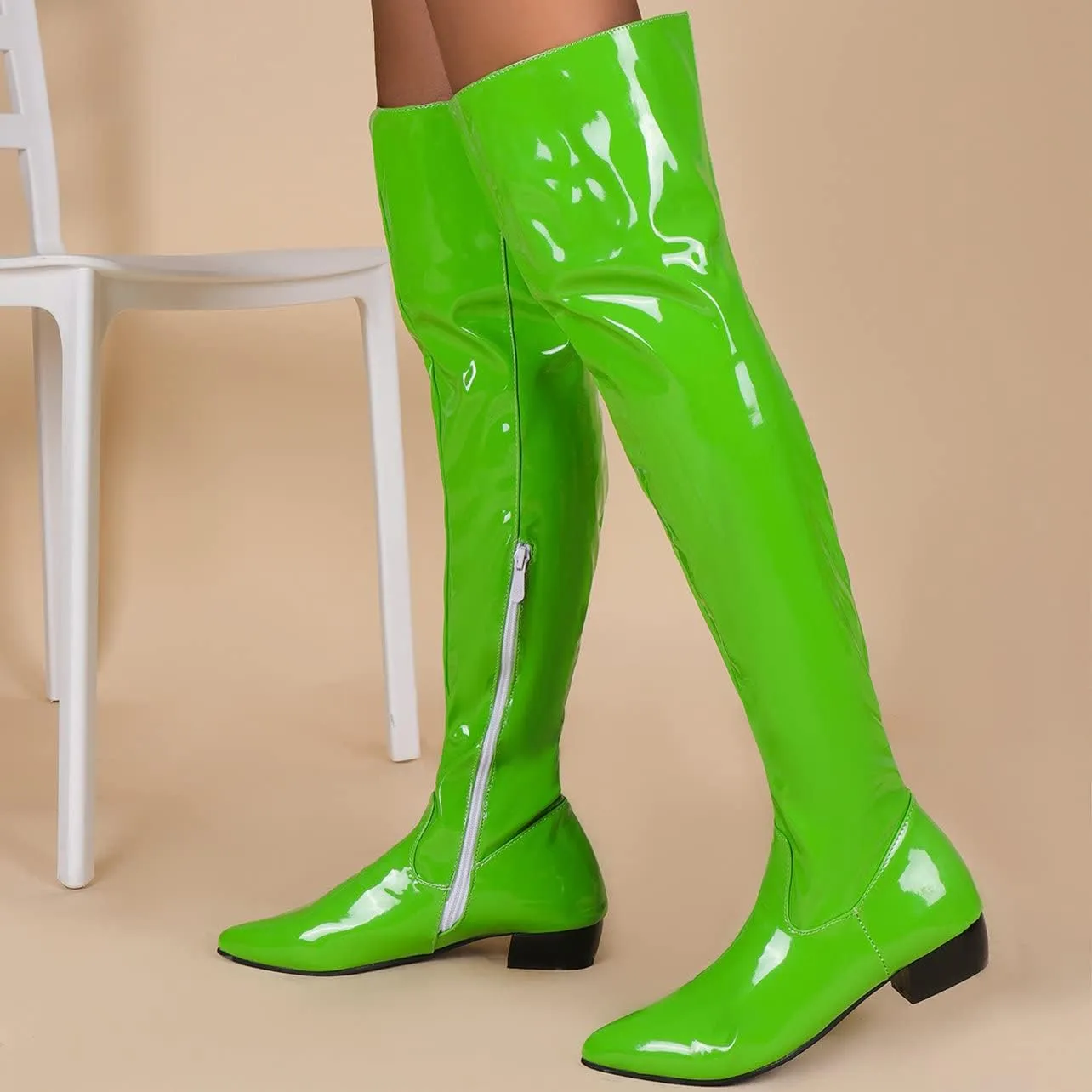 UniqueStride Womens Flat Thigh High Chunky Heels Boots Pointed Toe Side Zipper Patent Over The Knee Boots