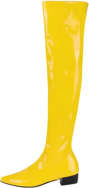 UniqueStride Womens Flat Thigh High Chunky Heels Boots Pointed Toe Side Zipper Patent Over The Knee Boots