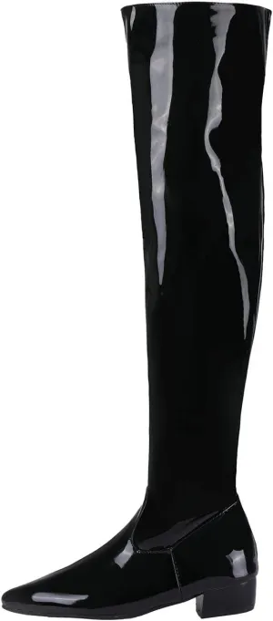 UniqueStride Womens Flat Thigh High Chunky Heels Boots Pointed Toe Side Zipper Patent Over The Knee Boots