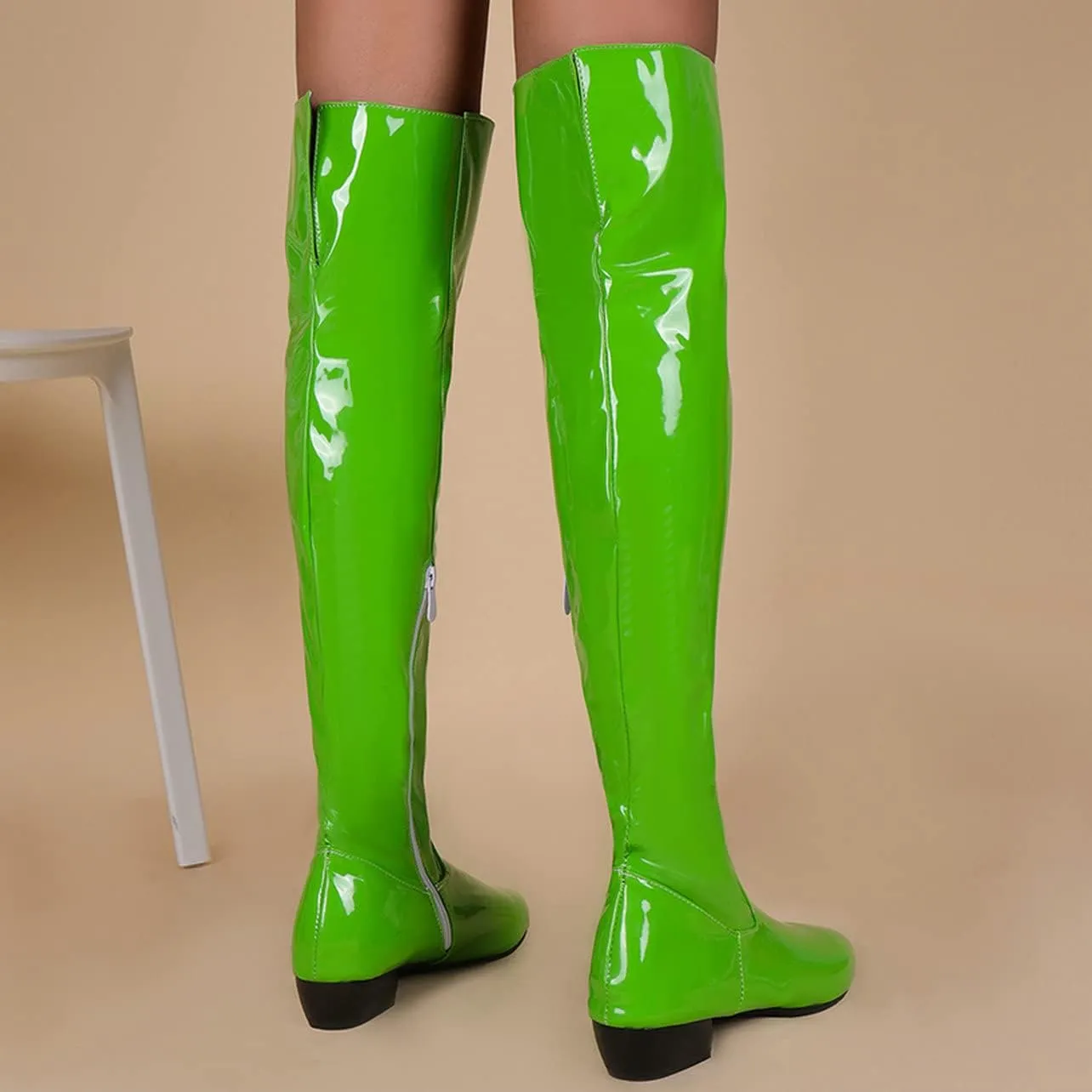 UniqueStride Womens Flat Thigh High Chunky Heels Boots Pointed Toe Side Zipper Patent Over The Knee Boots