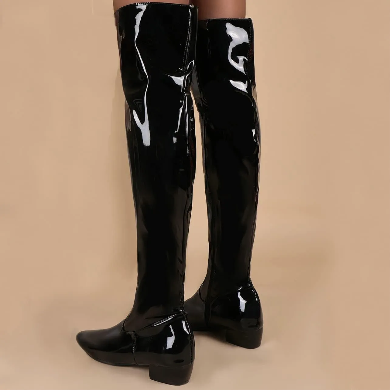 UniqueStride Womens Flat Thigh High Chunky Heels Boots Pointed Toe Side Zipper Patent Over The Knee Boots