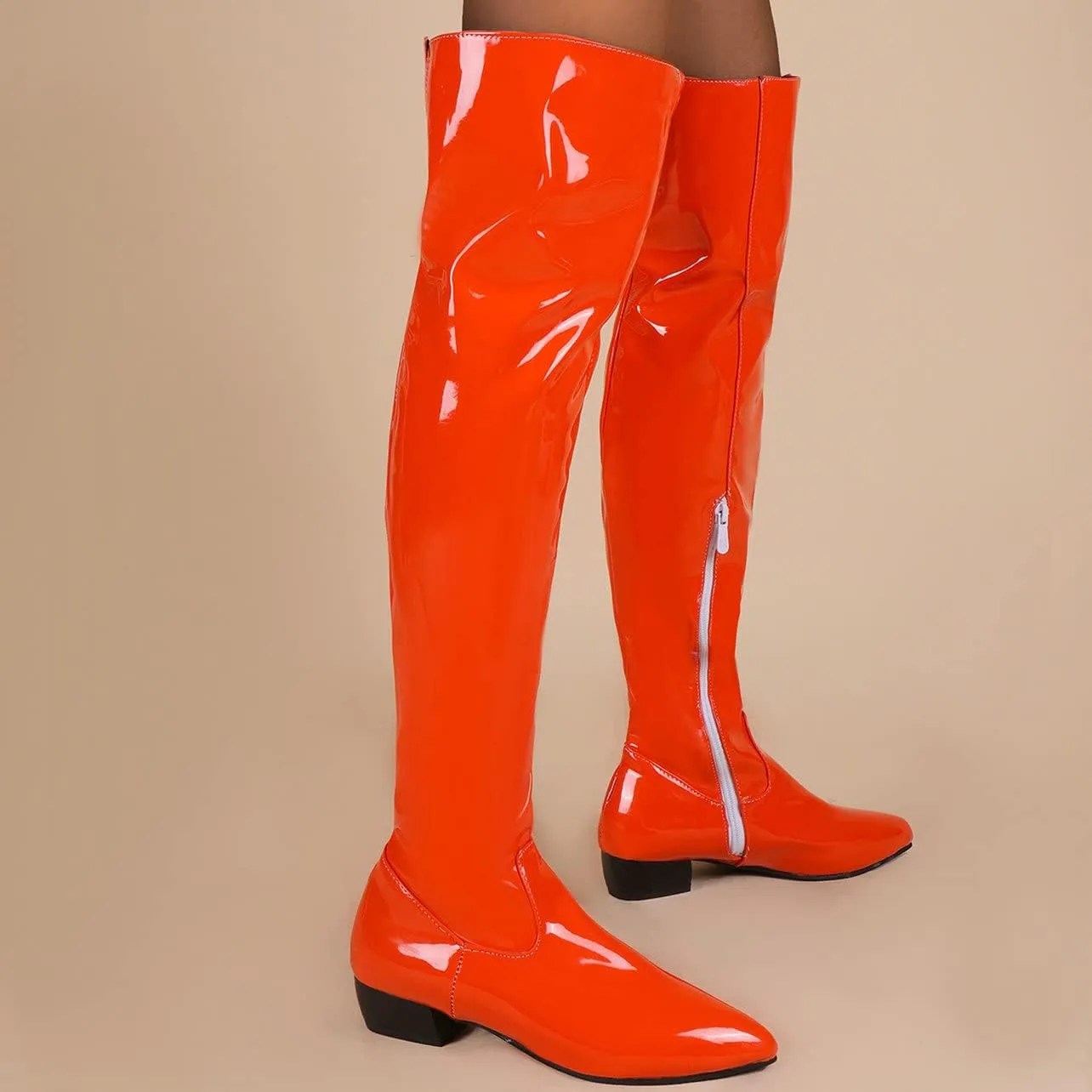 UniqueStride Womens Flat Thigh High Chunky Heels Boots Pointed Toe Side Zipper Patent Over The Knee Boots