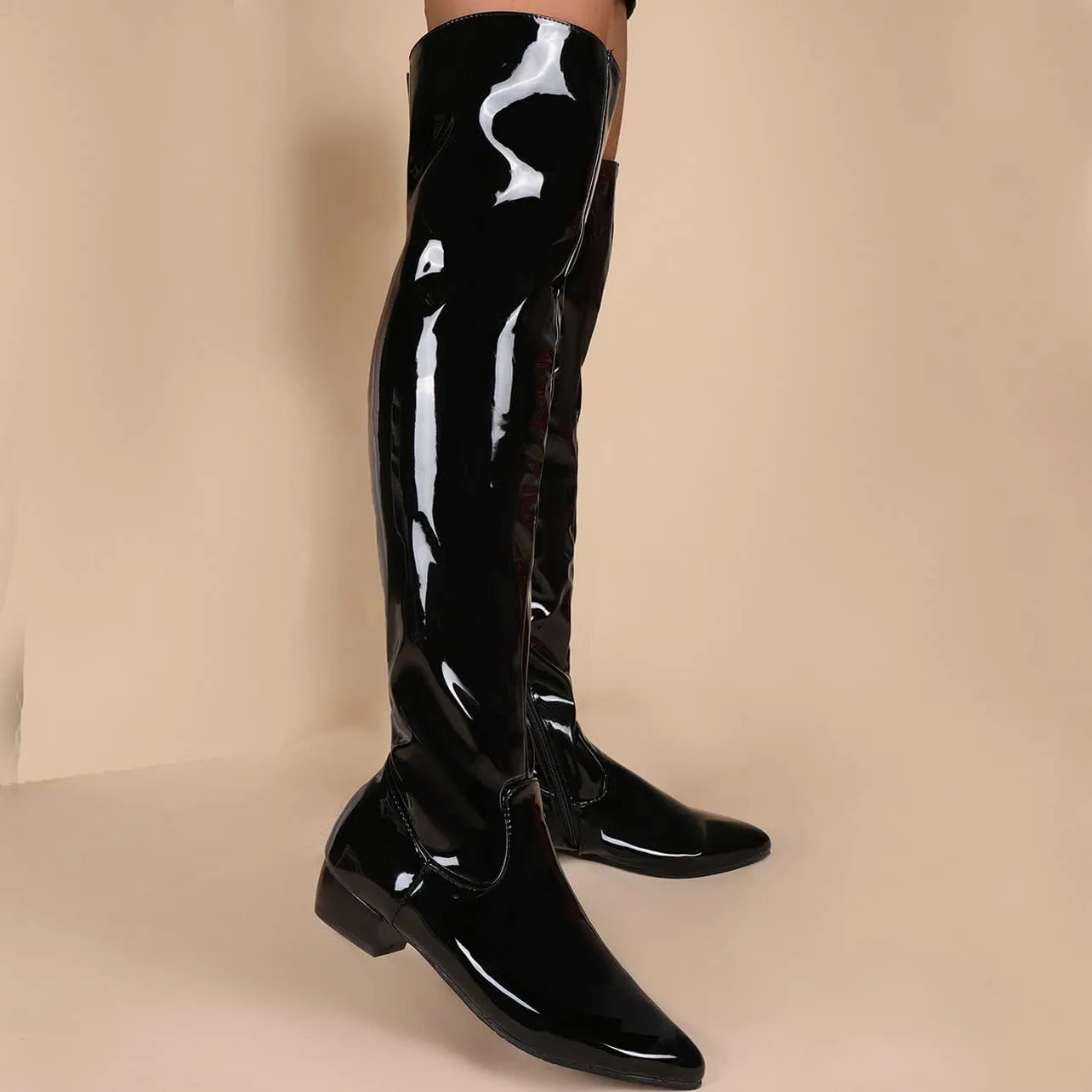 UniqueStride Womens Flat Thigh High Chunky Heels Boots Pointed Toe Side Zipper Patent Over The Knee Boots