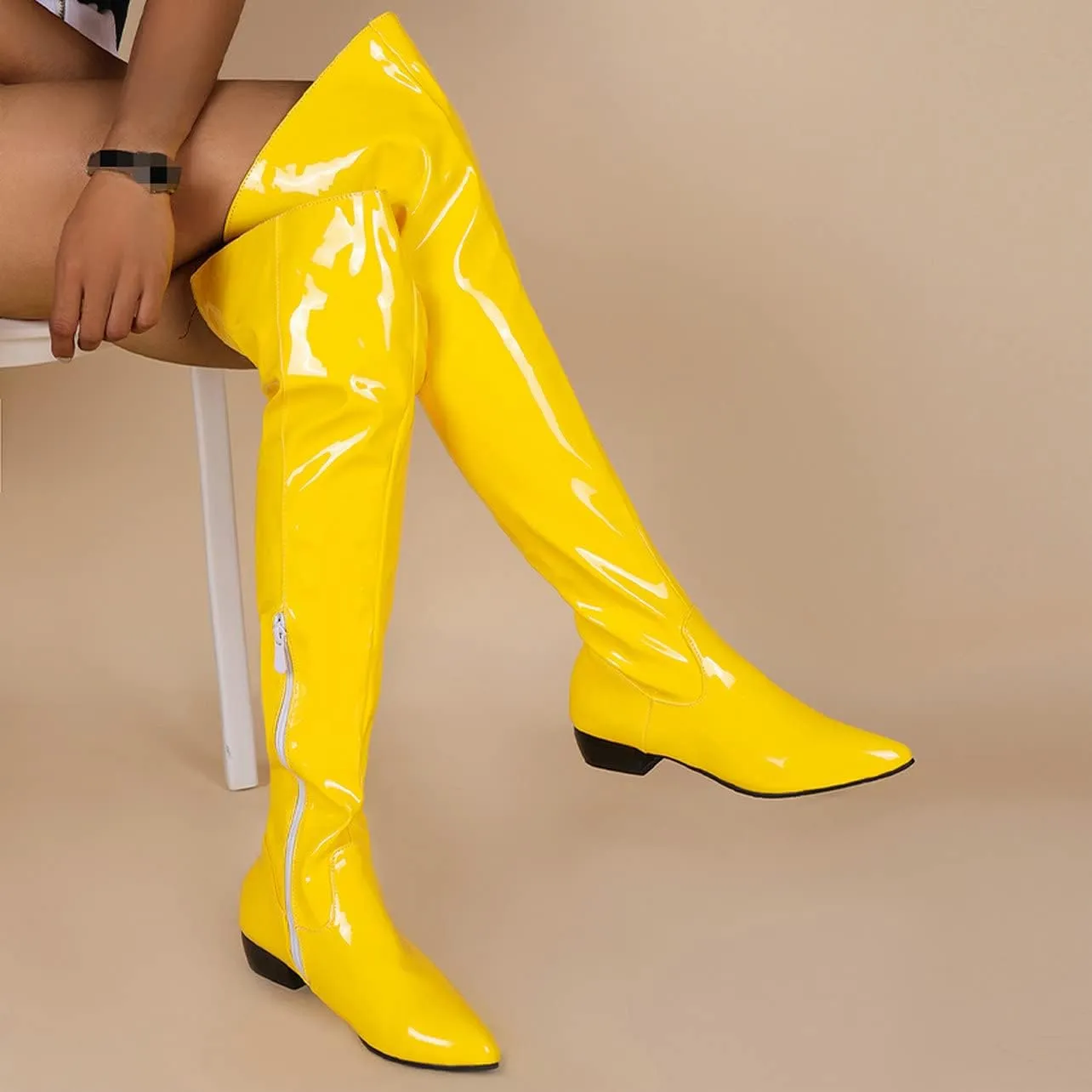 UniqueStride Womens Flat Thigh High Chunky Heels Boots Pointed Toe Side Zipper Patent Over The Knee Boots