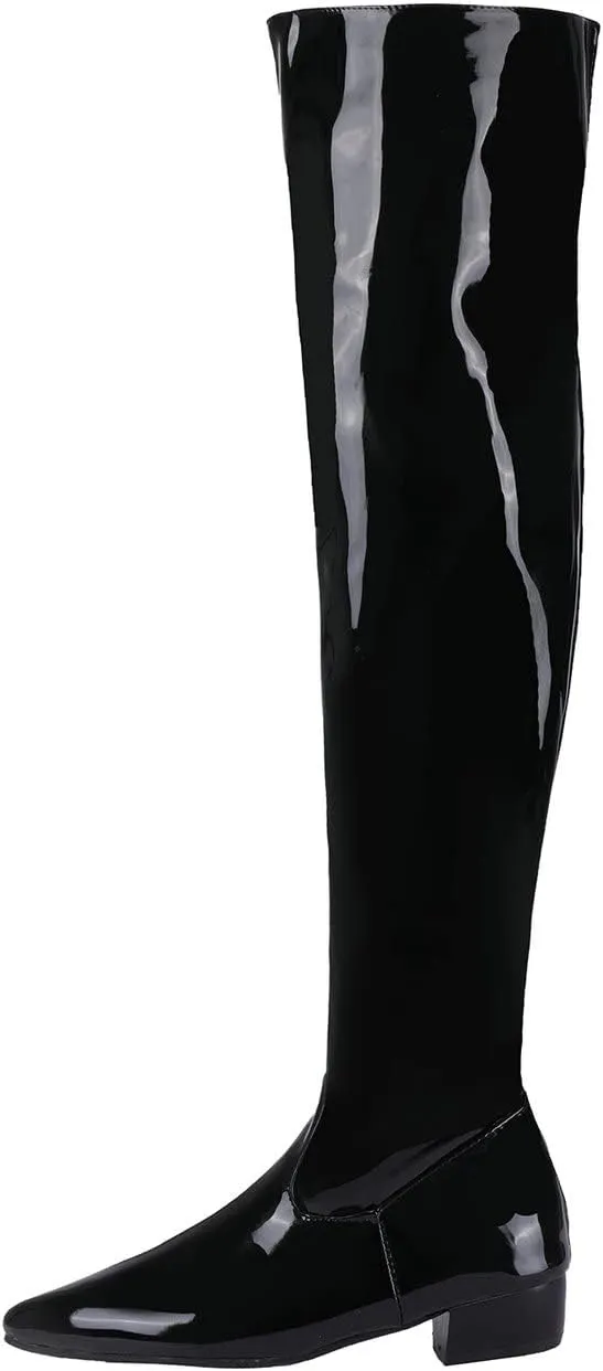 UniqueStride Womens Flat Thigh High Chunky Heels Boots Pointed Toe Side Zipper Patent Over The Knee Boots