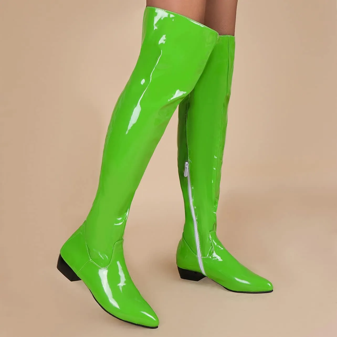 UniqueStride Womens Flat Thigh High Chunky Heels Boots Pointed Toe Side Zipper Patent Over The Knee Boots