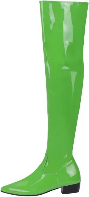 UniqueStride Womens Flat Thigh High Chunky Heels Boots Pointed Toe Side Zipper Patent Over The Knee Boots