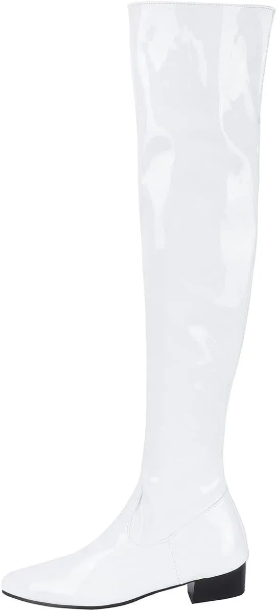 UniqueStride Womens Flat Thigh High Chunky Heels Boots Pointed Toe Side Zipper Patent Over The Knee Boots