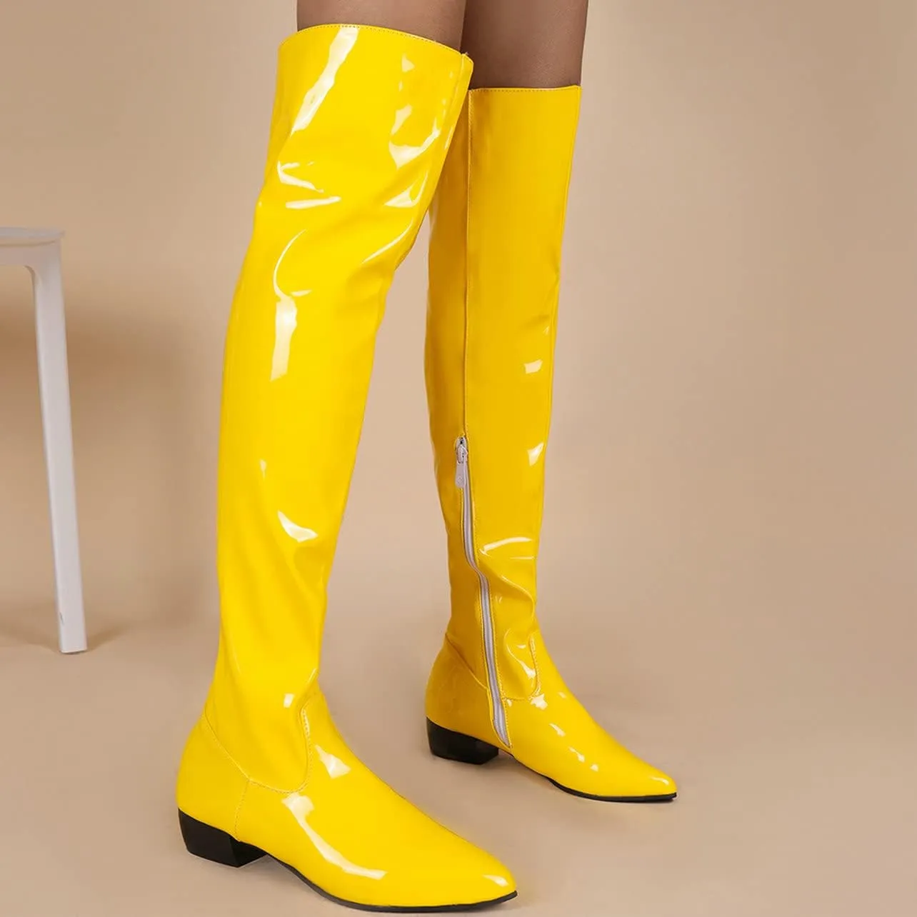 UniqueStride Womens Flat Thigh High Chunky Heels Boots Pointed Toe Side Zipper Patent Over The Knee Boots