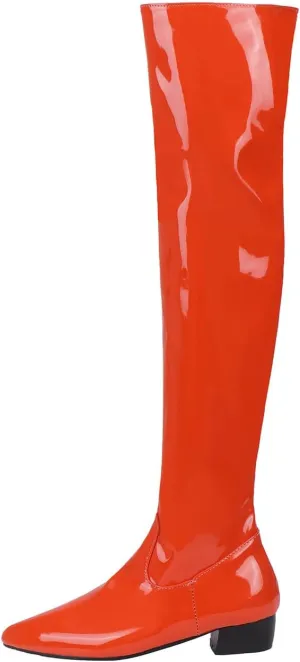 UniqueStride Womens Flat Thigh High Chunky Heels Boots Pointed Toe Side Zipper Patent Over The Knee Boots
